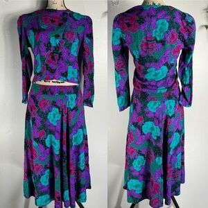 Vintage midi skirt jacket set dark moody floral print neon black purple pink S/M